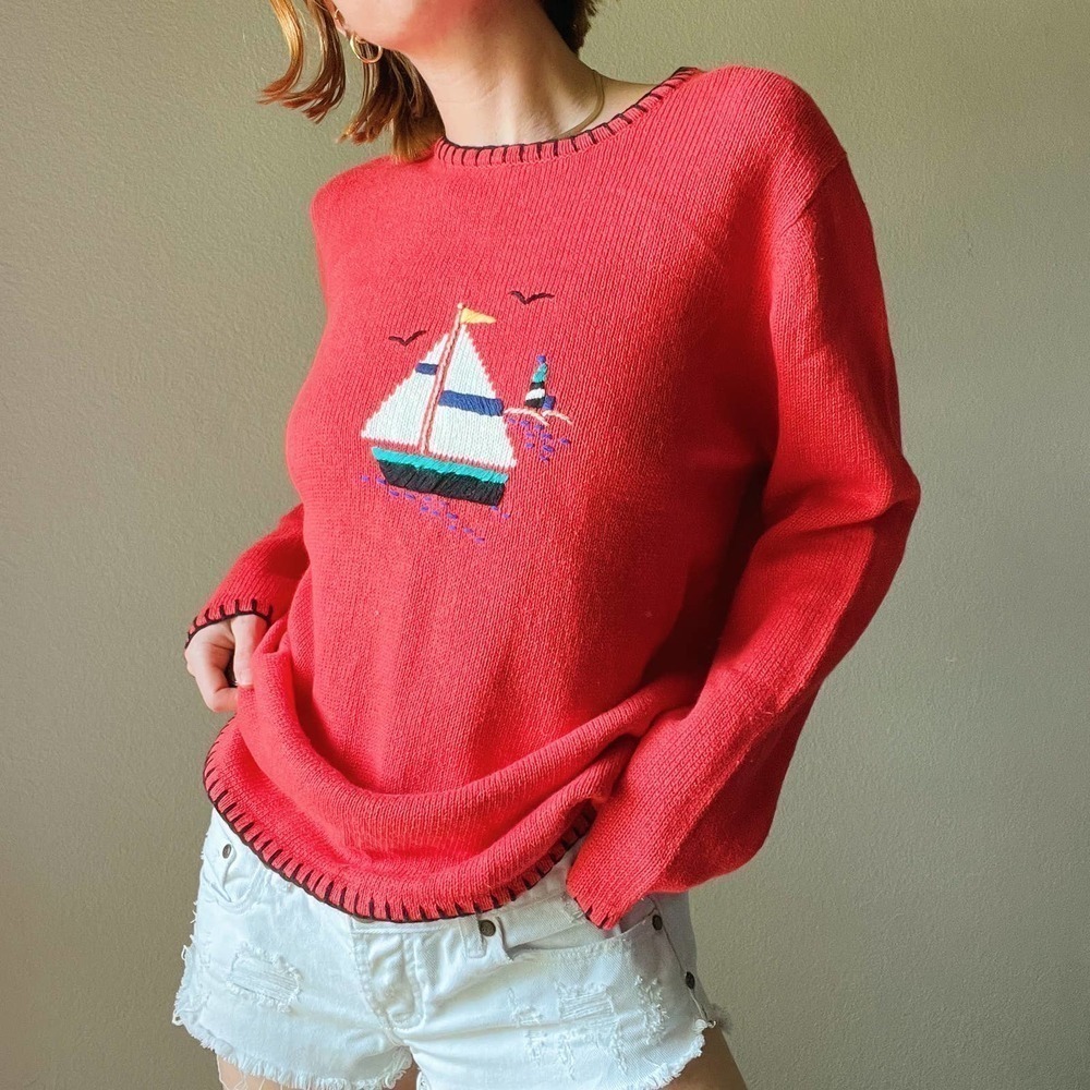 Vintage Red Knit Sailboat Embroidered Pullover Crewneck Sweater